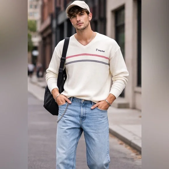 Vintage V-neck From The King Kod Brand with Red and Blue Stripes Size Medium - Picture 6 of 6